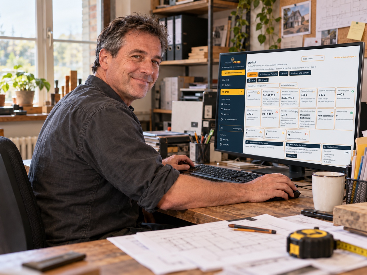 Handwerksmeister am PC mit WERKSGILDE im Meisterbüro